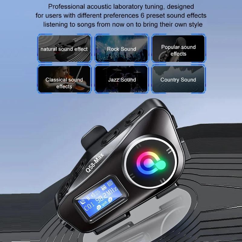 Bluetooth Headset for Motorcycle Helmets, Long Battery Life, Two-Way Intercom, Music Mixing, FM Radio, LCD Display for Cycling