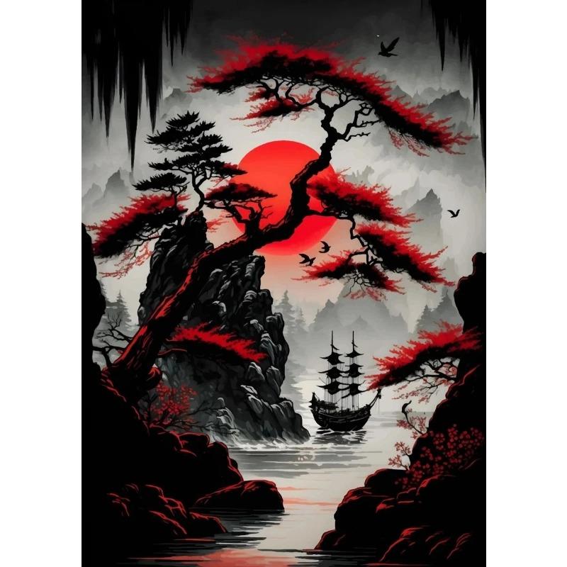 Japanische Naturlandschaft Poster Drucke Abstrakt Roter Baum Und Pavillon Landschaft Leinwandmalerei Wandkunst Für Wohnzimmerdekor