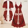 Women Plus Size Two Piece Set Short Sleeve Open Cardigan V Neck Strappy Flared Printed Dress Red Blue White
