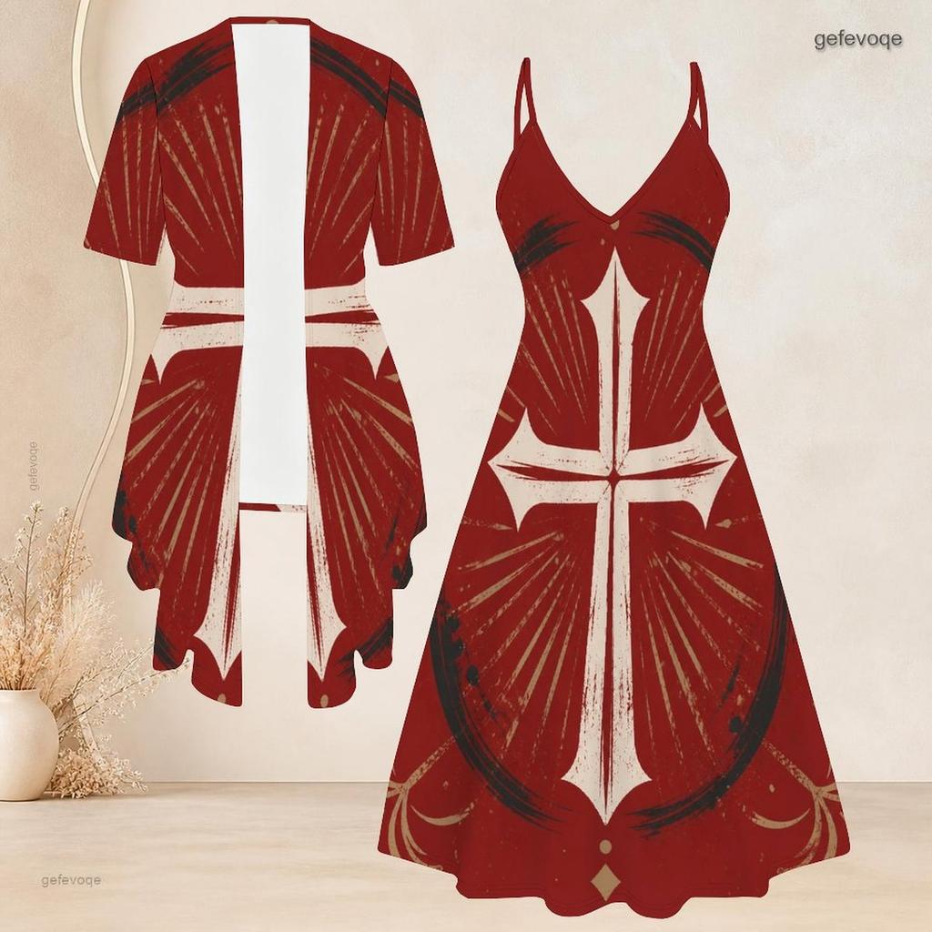 Women Plus Size Two Piece Set Short Sleeve Open Cardigan V Neck Strappy Flared Printed Dress Red Blue White