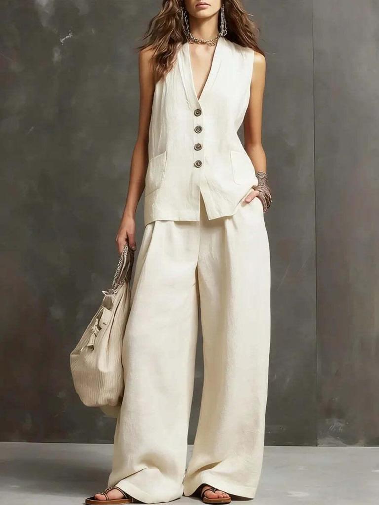 Women Sleeveless V Neck Button Up Vest And Wide Leg Pants Set Casual Loose Fit Linen Blend Two Piece Outfit