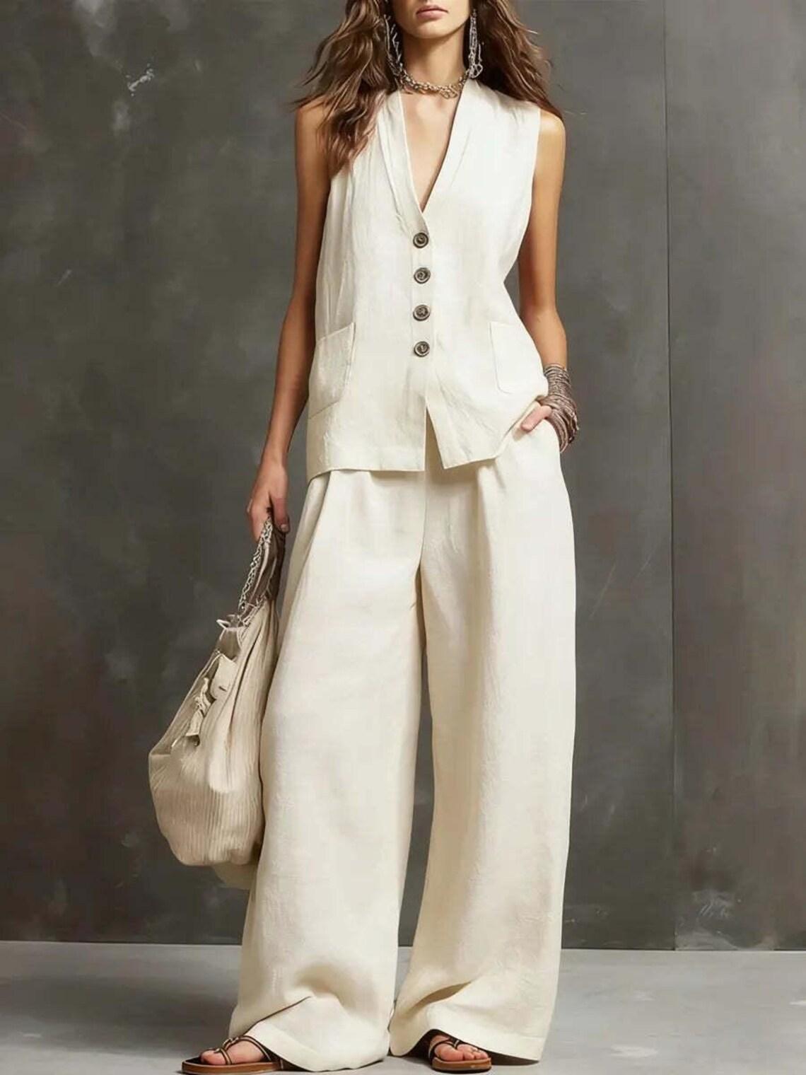 

Women Sleeveless V Neck Button Up Vest And Wide Leg Pants Set Casual Loose Fit Linen Blend Two Piece Outfit S белый