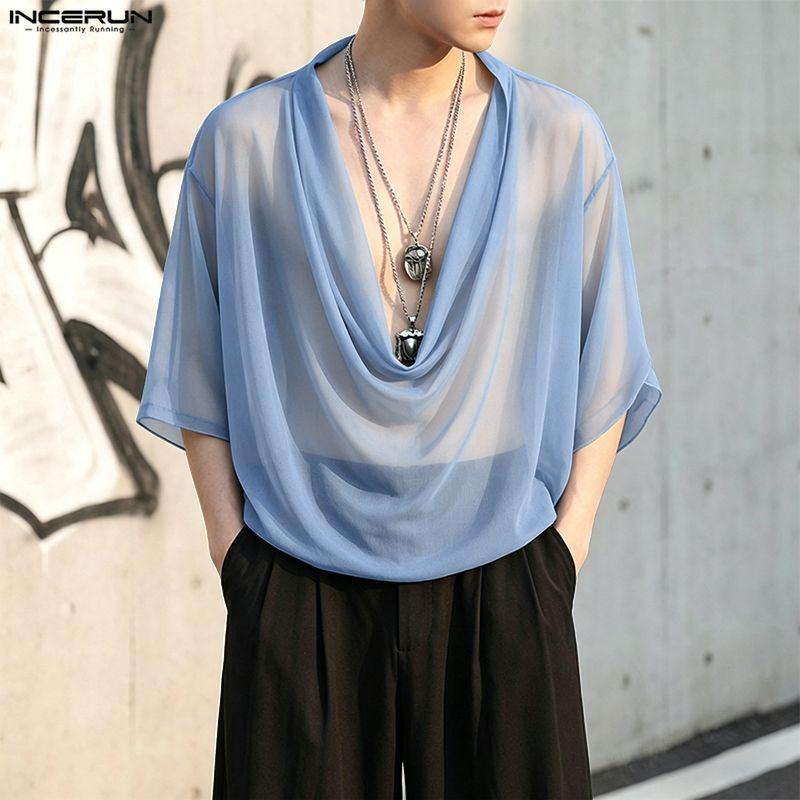 INCERUN Men's Sheer Cowl Neck T-Shirt Short Sleeve See-Through Casual Party Streetwear Loose Tops