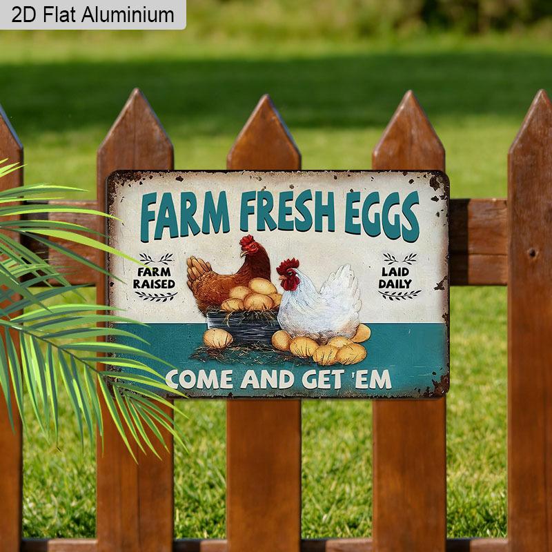 2D Flat 1pc Vintage Aluminum Sign Farm Fresh Eggs Come and Get Em Retro Farm Chicken Wall Decor Plaque for Home Kitchen Chicken Coop