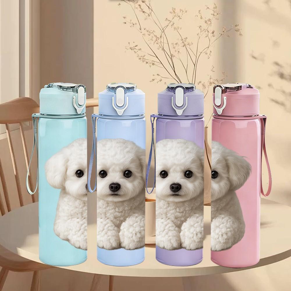 1PC Round Faced White Puppy 750ml Color Plastic Sports Water Bottle Leakproof Flip Straw Lid Suitable for Sports Office Home Use