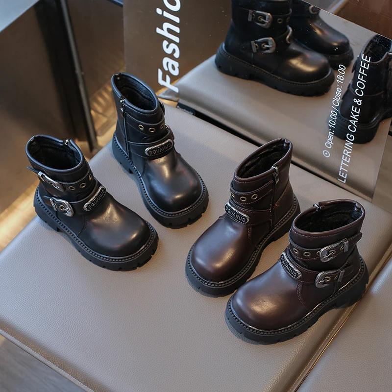 2024 Children Fashion Boots for Girl Autumn Winter New Fashion British Style Soft Sole Anti-slippery Versatile Chic Leather Shoe