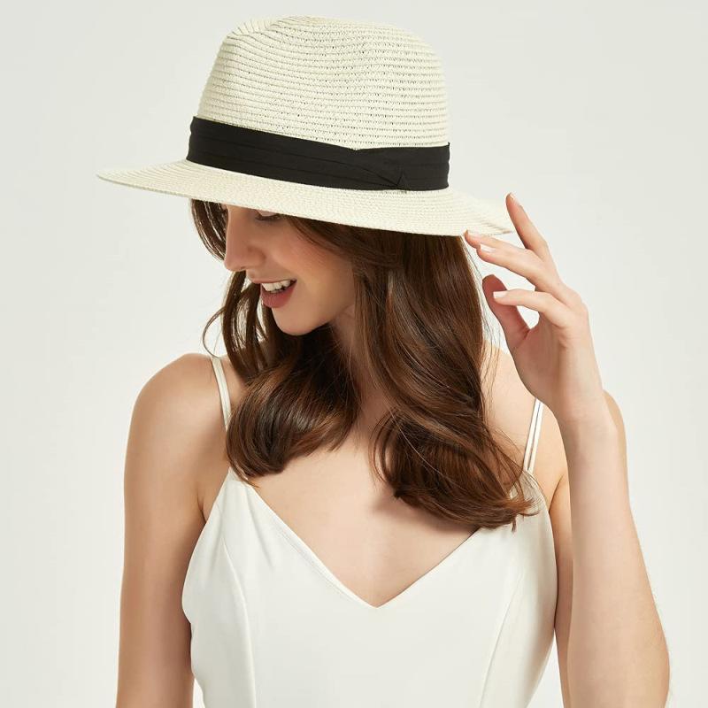 Women Wide Brim Straw Panama Roll Up Hat Fedora Beach Sun Caps UPF50+ Beach Outdoor Hat with ribbon