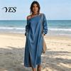 Party Dress Casual Women's One Shoulder Long Sleeve Maxi Dress, Cotton Linen Tunic Side Slit Summer Loose with Pockets Retro Style