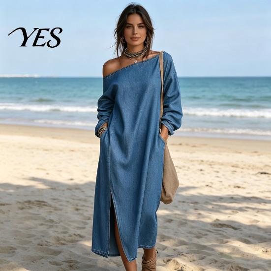 Party Dress Casual Women's One Shoulder Long Sleeve Maxi Dress, Cotton Linen Tunic Side Slit Summer Loose with Pockets Retro Style