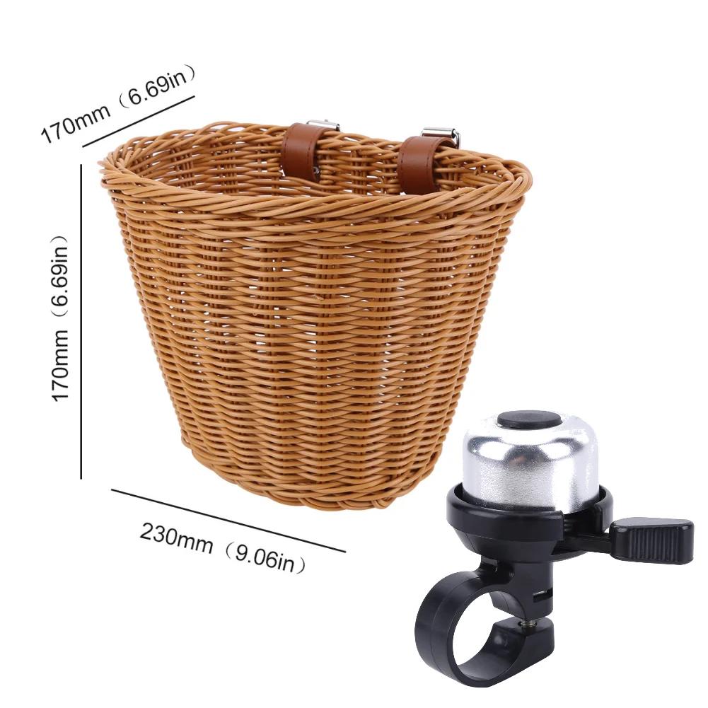 Braided Bicycle Basket Bell with Leather Straps Hand-Woven Small Bicycle Basket Storage Pannier Bicycle Imitation Wicker Basket