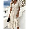Vestido Midi Floral de Manga Corta con Cuello en V para Mujer Ropa Casual de Vacaciones