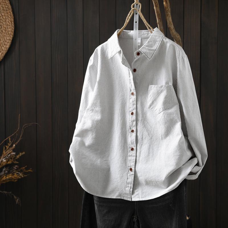 Women s Blue Striped Cotton Shirt - Spring 2026, Versatile & Casual for Work L (for 130-150 Jin) легкие хаки