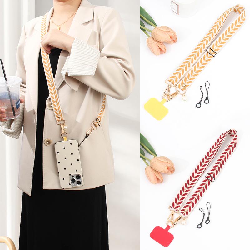 Besticktes Weinblatt Handy-Lanyard: Verstellbarer Crossbody-Gurt mit Perlenanhänger für Hals und Schulter