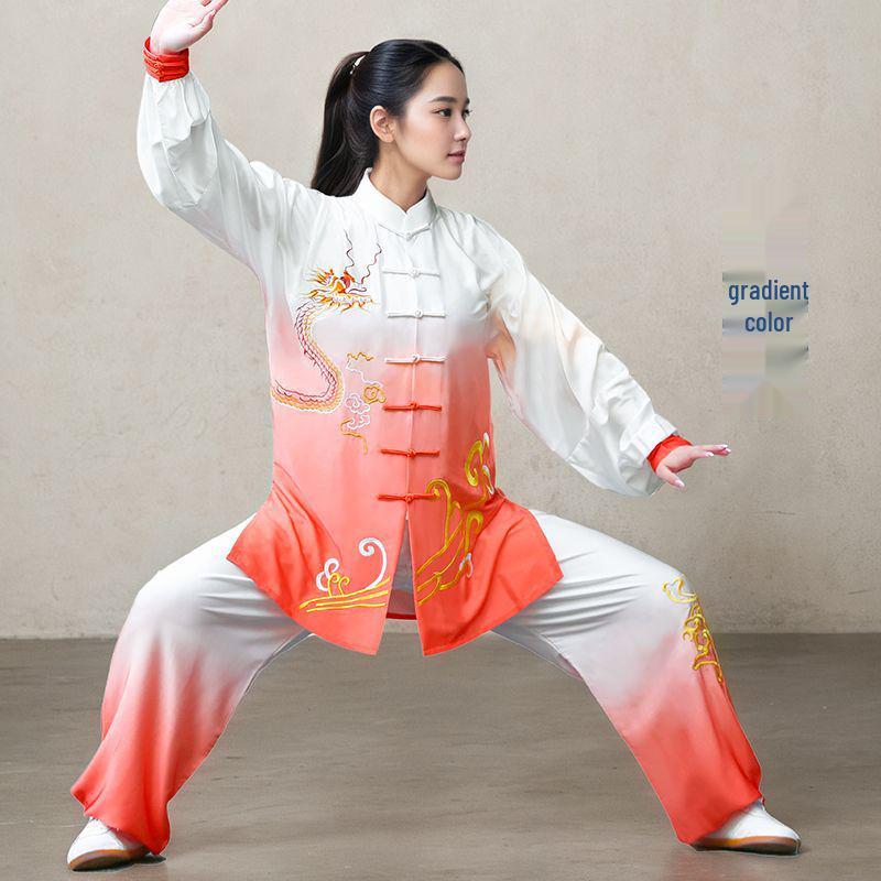 Blue & White Porcelain Gradient Tai Chi Suit: Embroidered Performance & Practice Attire for Women & Men.