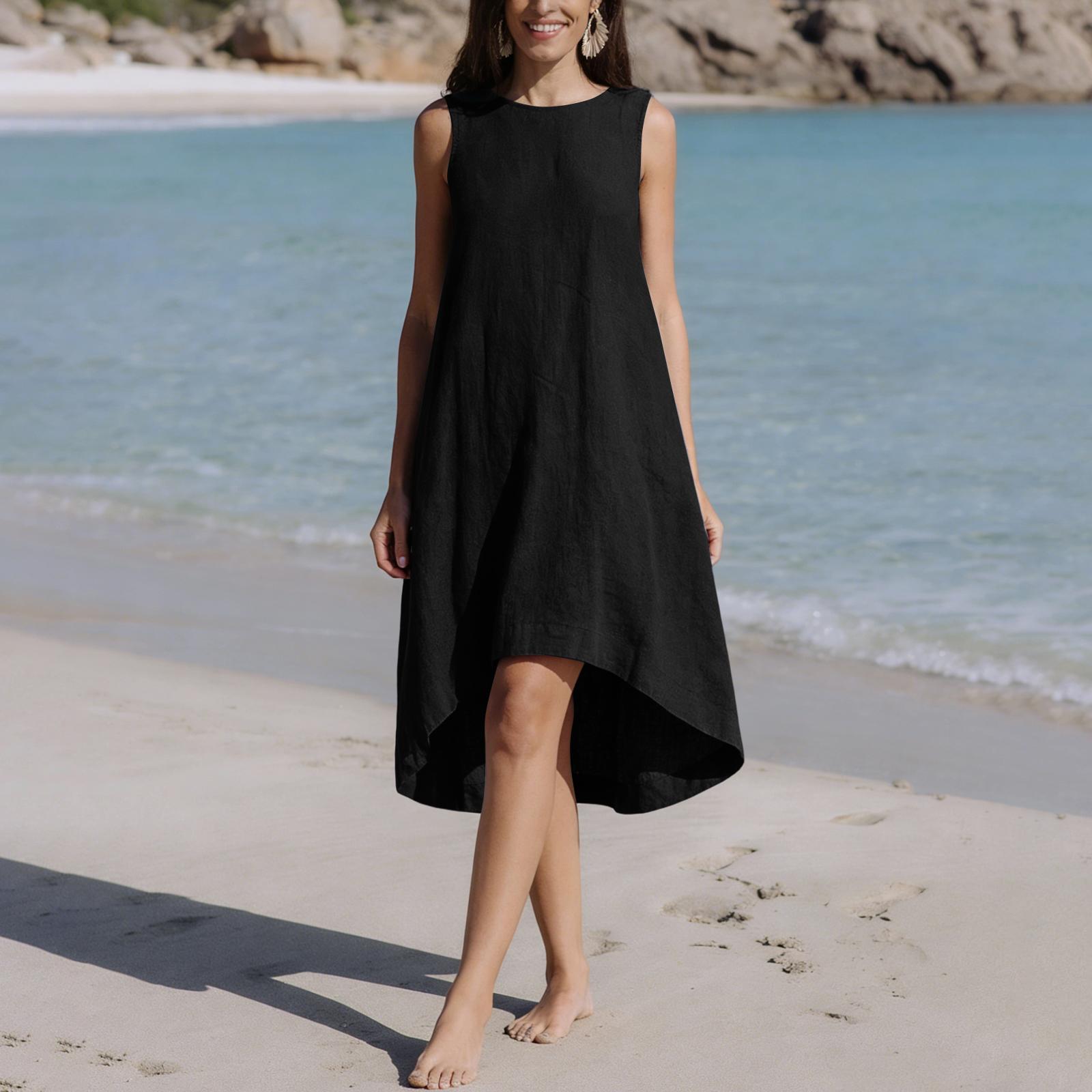 

Women s Fashionable Summer Color Round Neck Sleeveless Beach Vacation Loose Dress S чёрный
