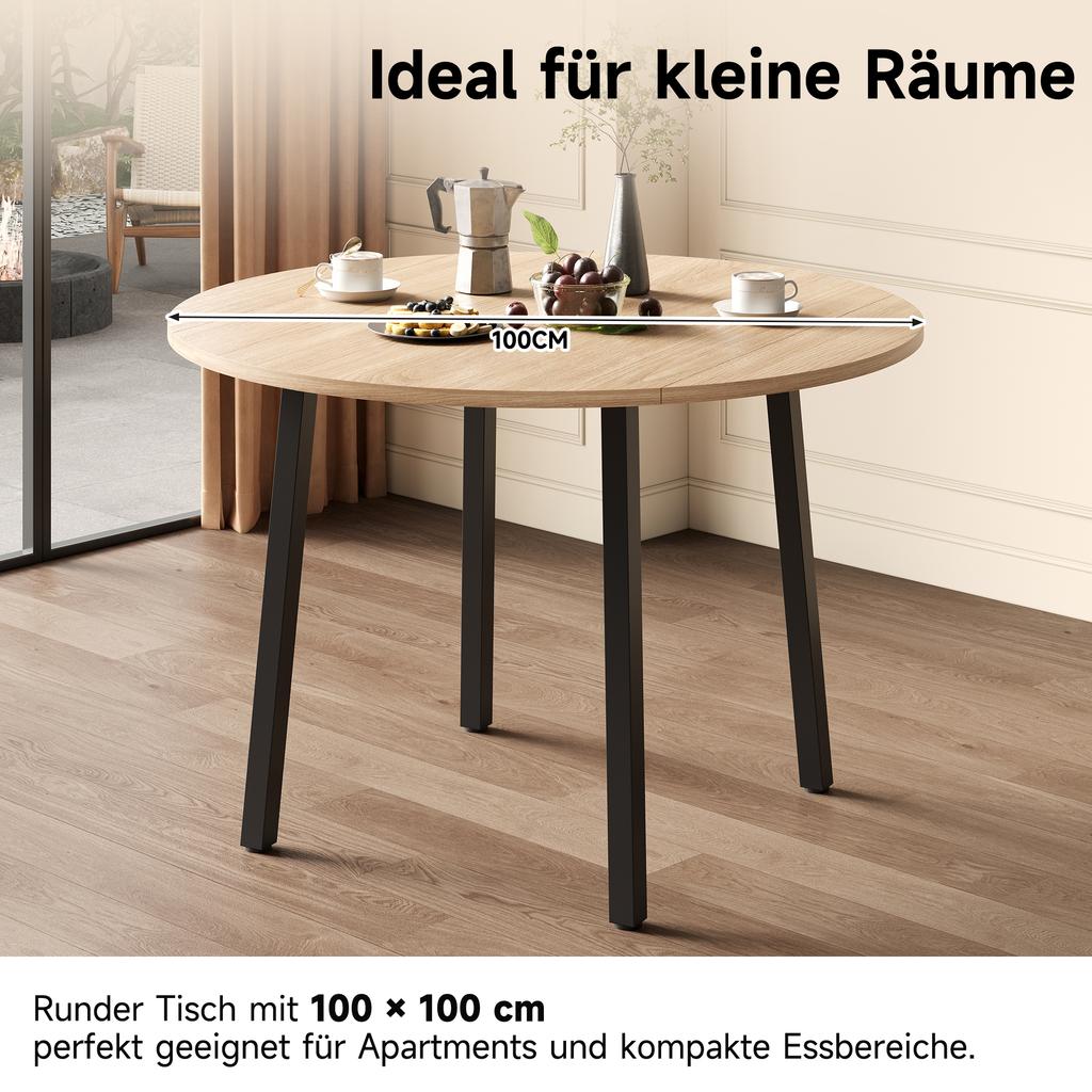 Folding Dining Table, 100 x 100 cm, suitable for 2-4 people, round, metal legs, foldable tabletop, suitable for small apartments, oak color