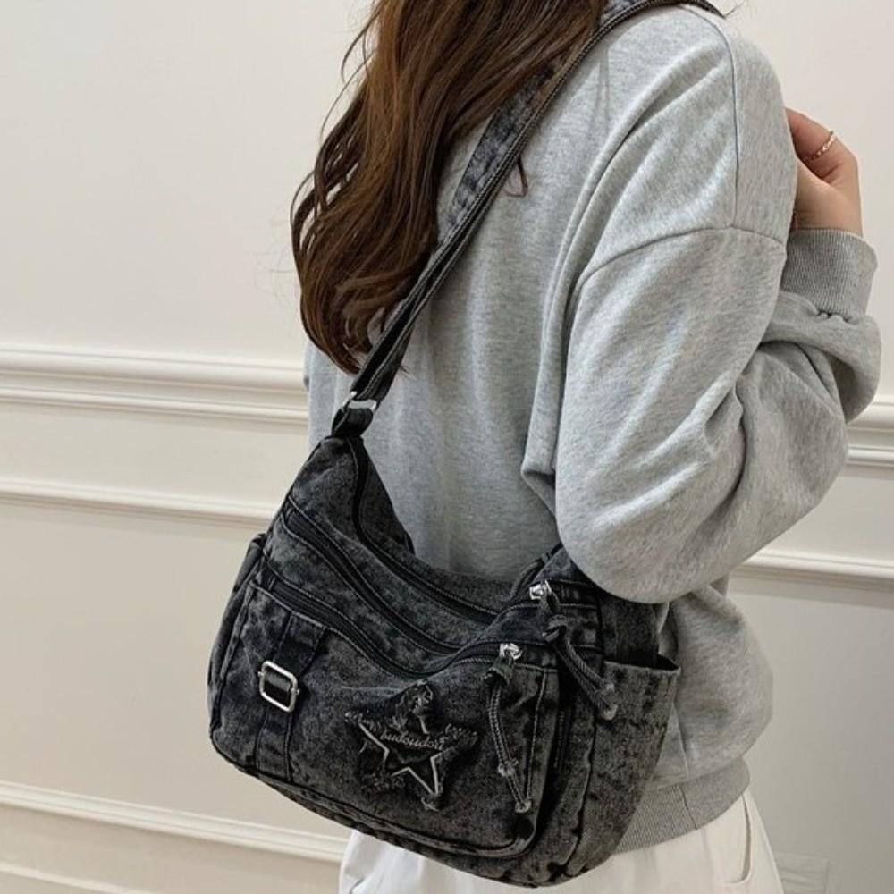 Vielseitige Strapazierfähige Jeans-Umhängetasche Große Kapazität Mehrere Taschen Umhängetasche Verstellbarer Gurt Reisetasche Tägliches Pendeln