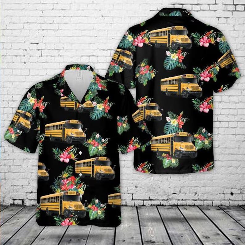 Men's School Bus & Tropical Floral Print Hawaiian Shirt Casual Button Down Short Sleeve Beach Shirts For Summer Holiday