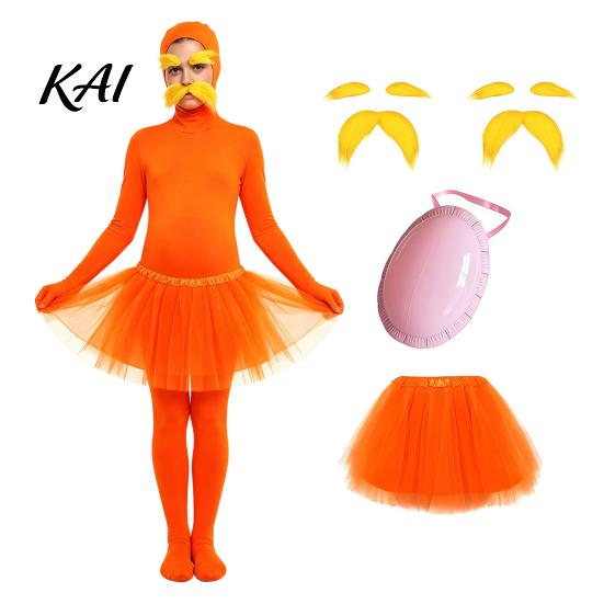 Adults Spandex Unitard Orange Full Bodysuit, with Tulle Skirt, Fake Belly, Yellow Mustache & Eyebrows, Solid Color Costume Open Face Zentai