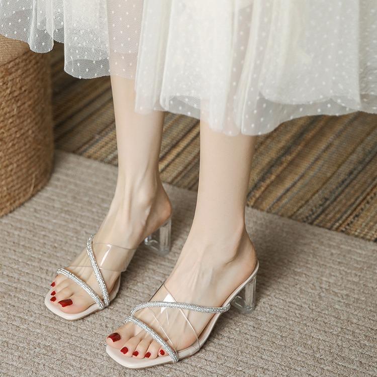 Wear Sandals Women 2024 New Temperament French High Heels Rhinestone Winding One-word Transparent Crystal Heel Sandals