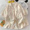 Women's Cartoon Cloud Cotton Pajama Set - Cardigan, Short Sleeve, Shorts, Home Wear