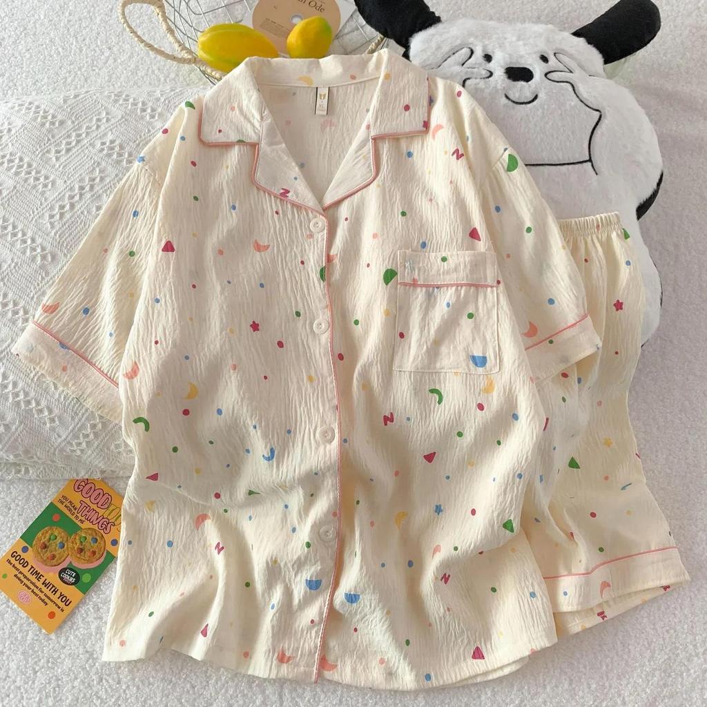 Women's Cartoon Cloud Cotton Pajama Set - Cardigan, Short Sleeve, Shorts, Home Wear