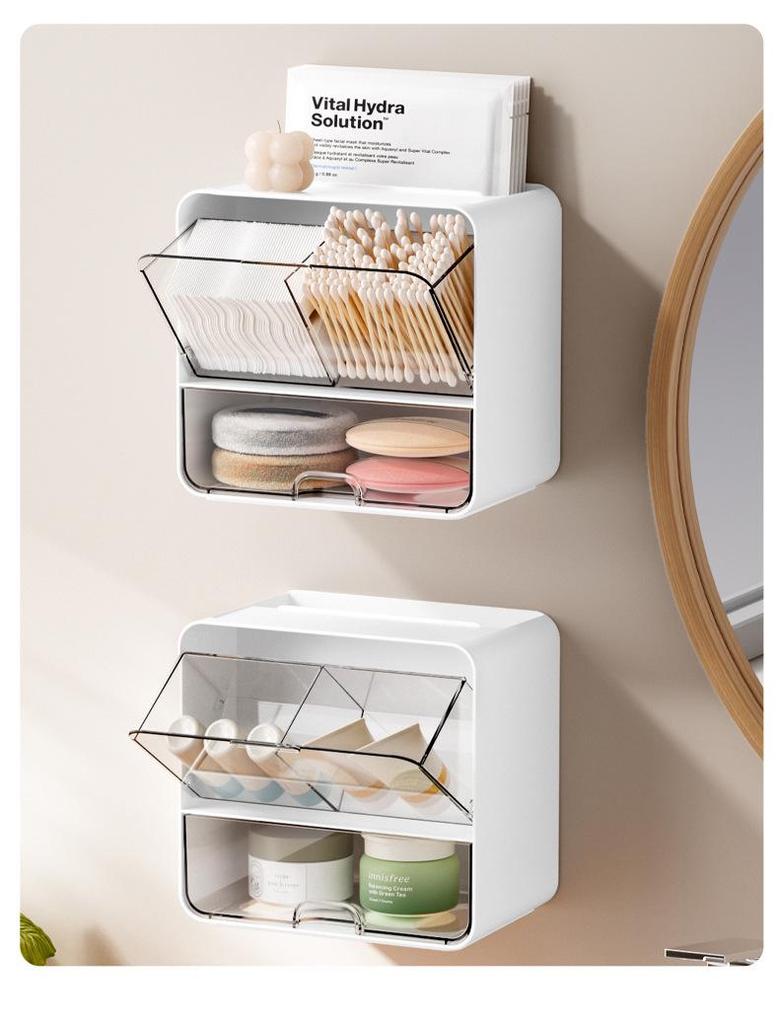 Väggmonterad badrumsförvaringslåda för bomullspads, tops och håraccessoarer