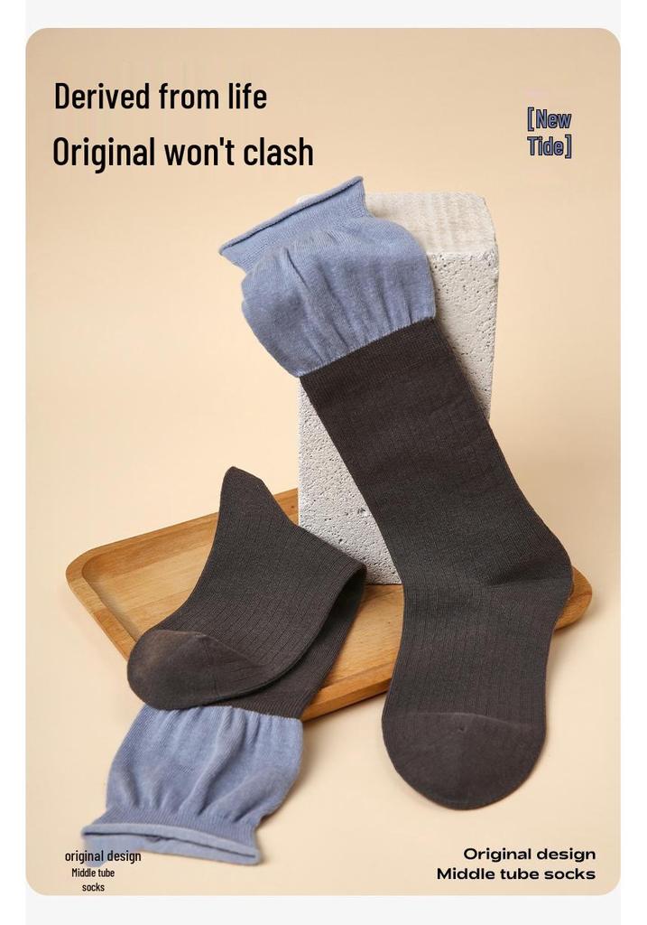 Renaissance Women's Blue-Gray Color Block Mid-Calf Socks - Autumn Winter, Bone-Free, Simple Style