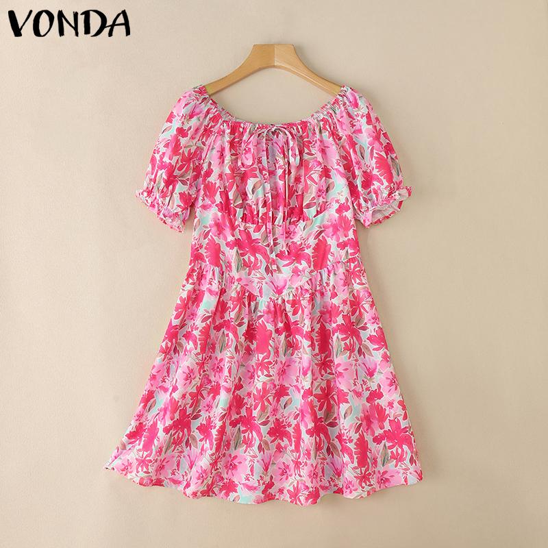 VONDA Vestido Mini Casual con Volantes para Vacaciones con Estampado Floral y Manga Corta Descubierta para Mujer