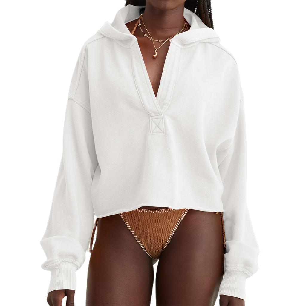 Modisches Damen Kapuzenpullover für Frühling und Herbst Langarm Einfarbige V-Ausschnitt Crop Hoodie