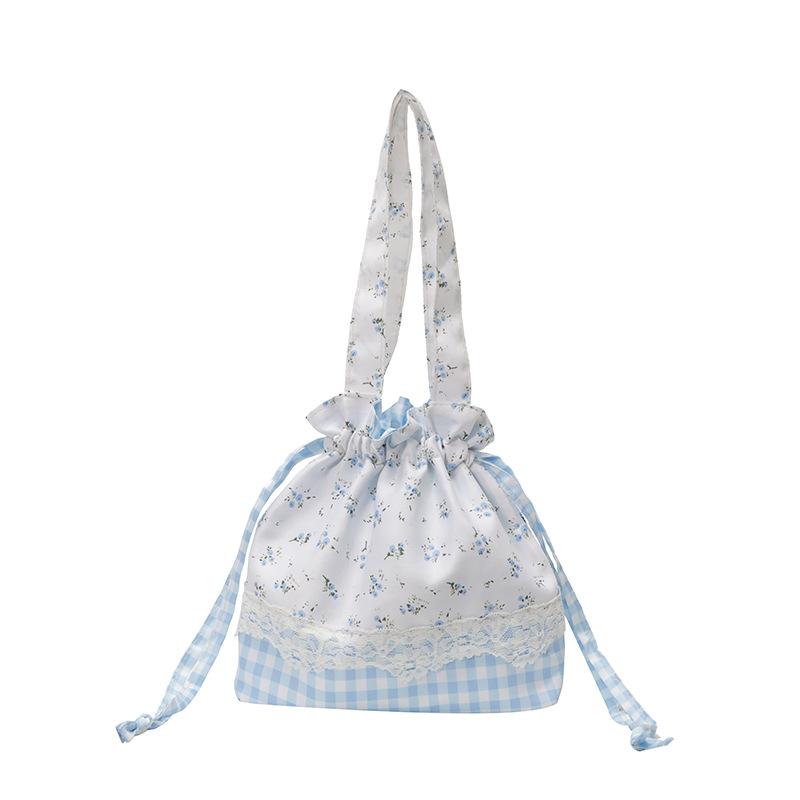 

2025 новая сумка на плечо с цветочным клетчатым принтом на кулиске, студенческая корейская версия, сумочка, большая вместимость, портативная, ins, сумка для поездок на работу синий