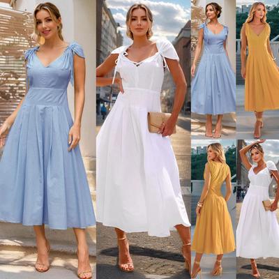 Damenmode Elegantes Temperament V-Ausschnitt Krawatte A-Linie Einfarbig Kleider