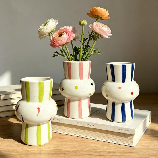 Ceramic Vase Hand Painted Striped Polka Dot Flower Vase Gourd Shape Vase for Fresh And Dried Flowers Home