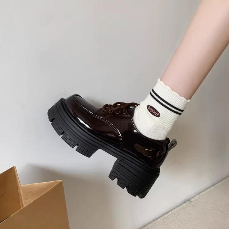 Black Brown Thick-soled Heightening Small Leather Shoes Women's Muffin Bottom Lace-up Round Head Retro Single Shoes
