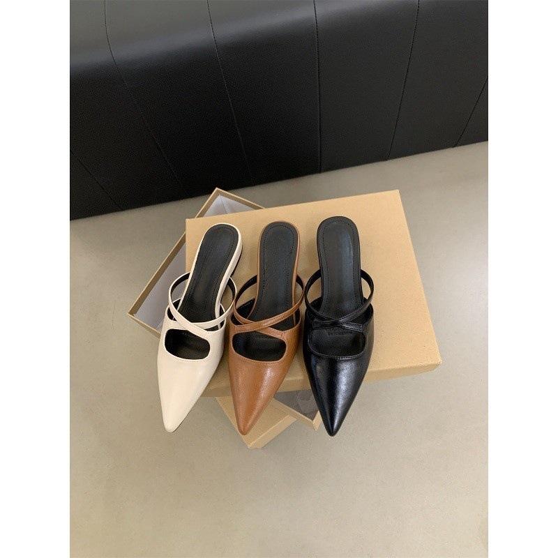 Women's bag head half slippers women's summer wear pointed head temperament soft leather flat bottom sandals