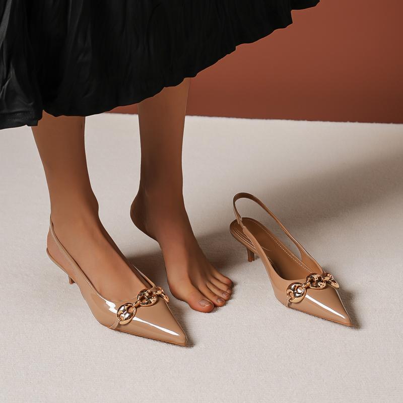 Fashion Female Sandal Leather Women's Summer Shoes Med High Heels Girls Stiletto Sexy Closed Pointed Retro Medium High-heeled 2025 Chain