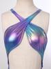 Womens Iridescent Metallic One Piece Swimsuit Chest Pads Crossing Strap Backless Bodysuit