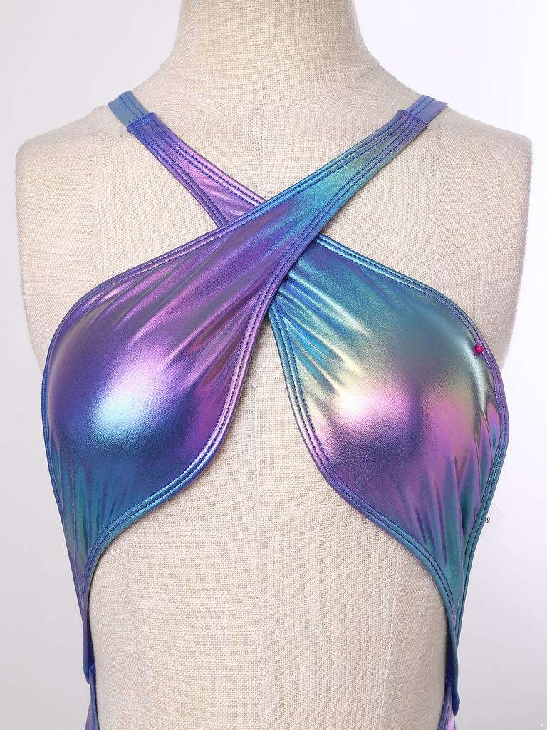 Womens Iridescent Metallic One Piece Swimsuit Chest Pads Crossing Strap Backless Bodysuit