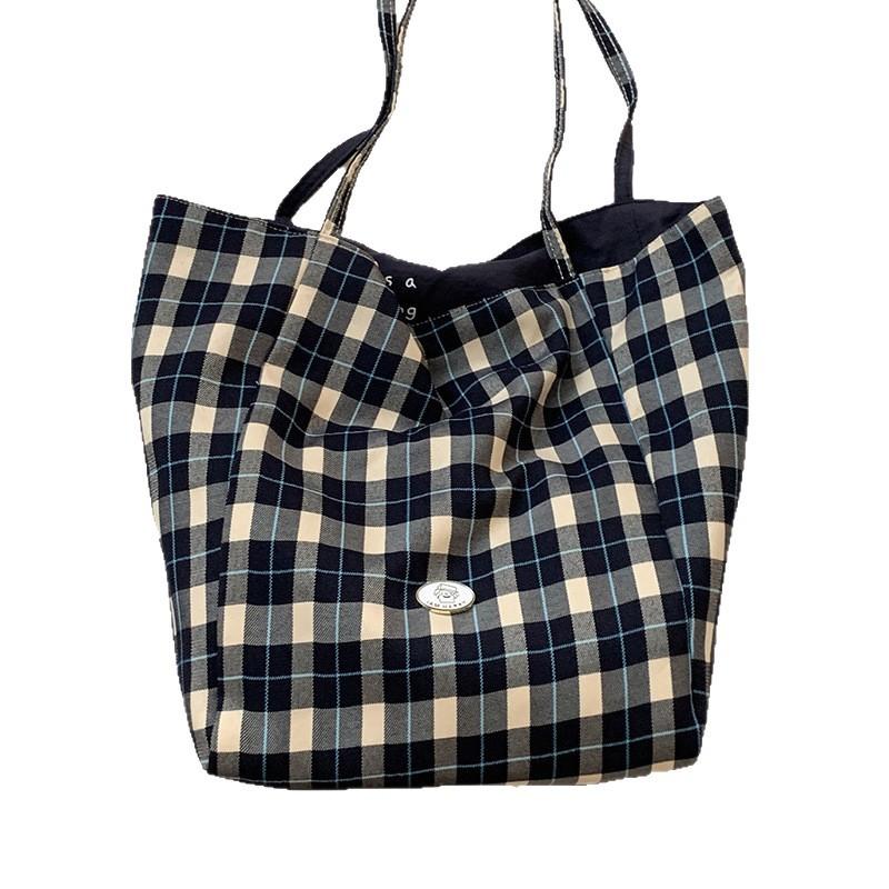 Casual double-sided canvas bag Korean lazy style underarm bag women's 2025 new large-capacity plaid tote bag