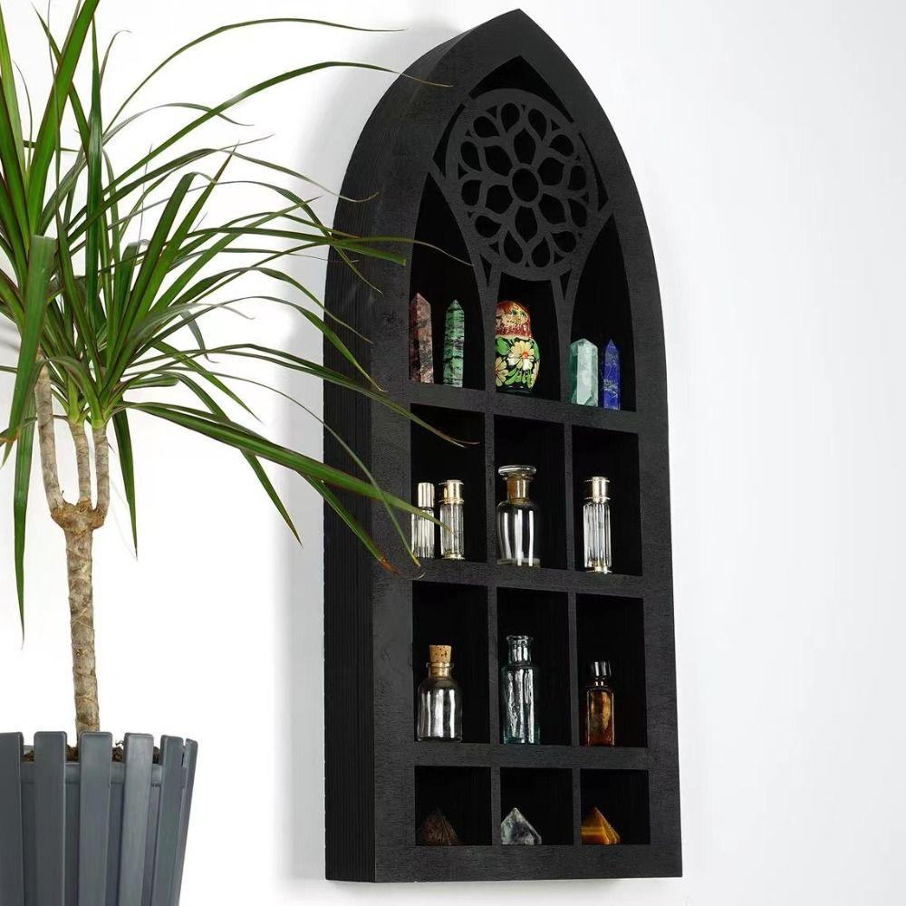 Gothic Design Old Church Window Shelf Black Finish Crystal Wall Shelf  Living Room