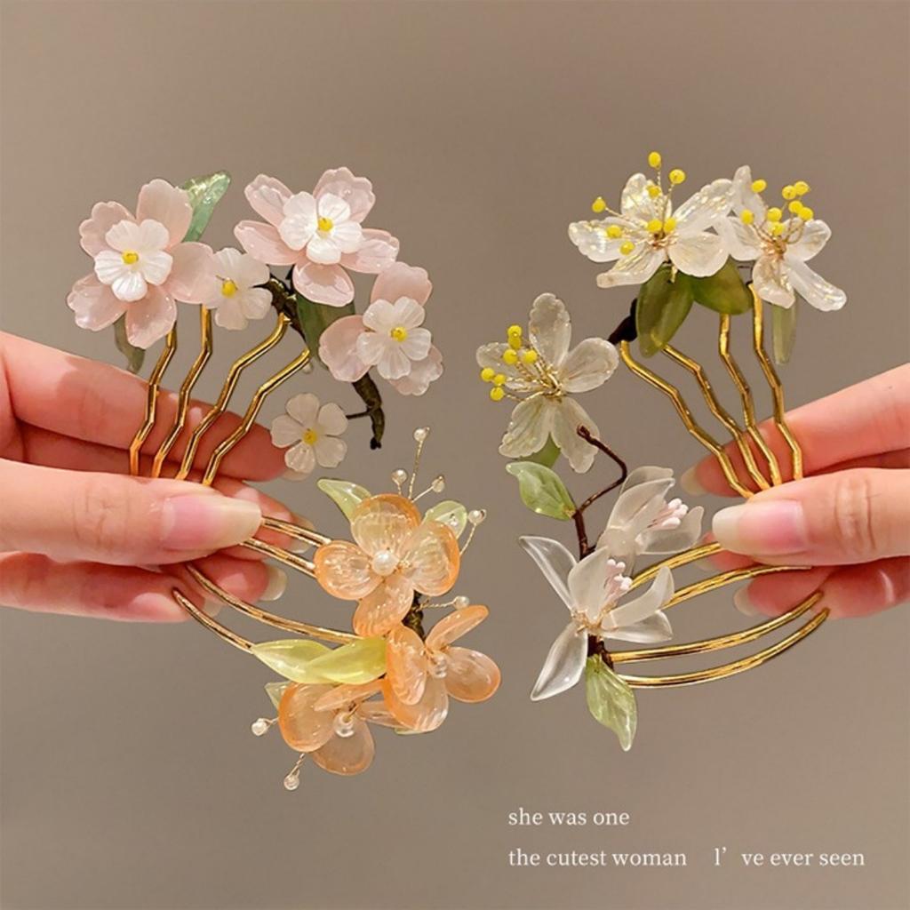 Vintage Flower Hairpin Elegant Chinese Style Glass Flower Hair Comb For Women Girls Exquisite Fairy Metal Hair Accessories 1pc