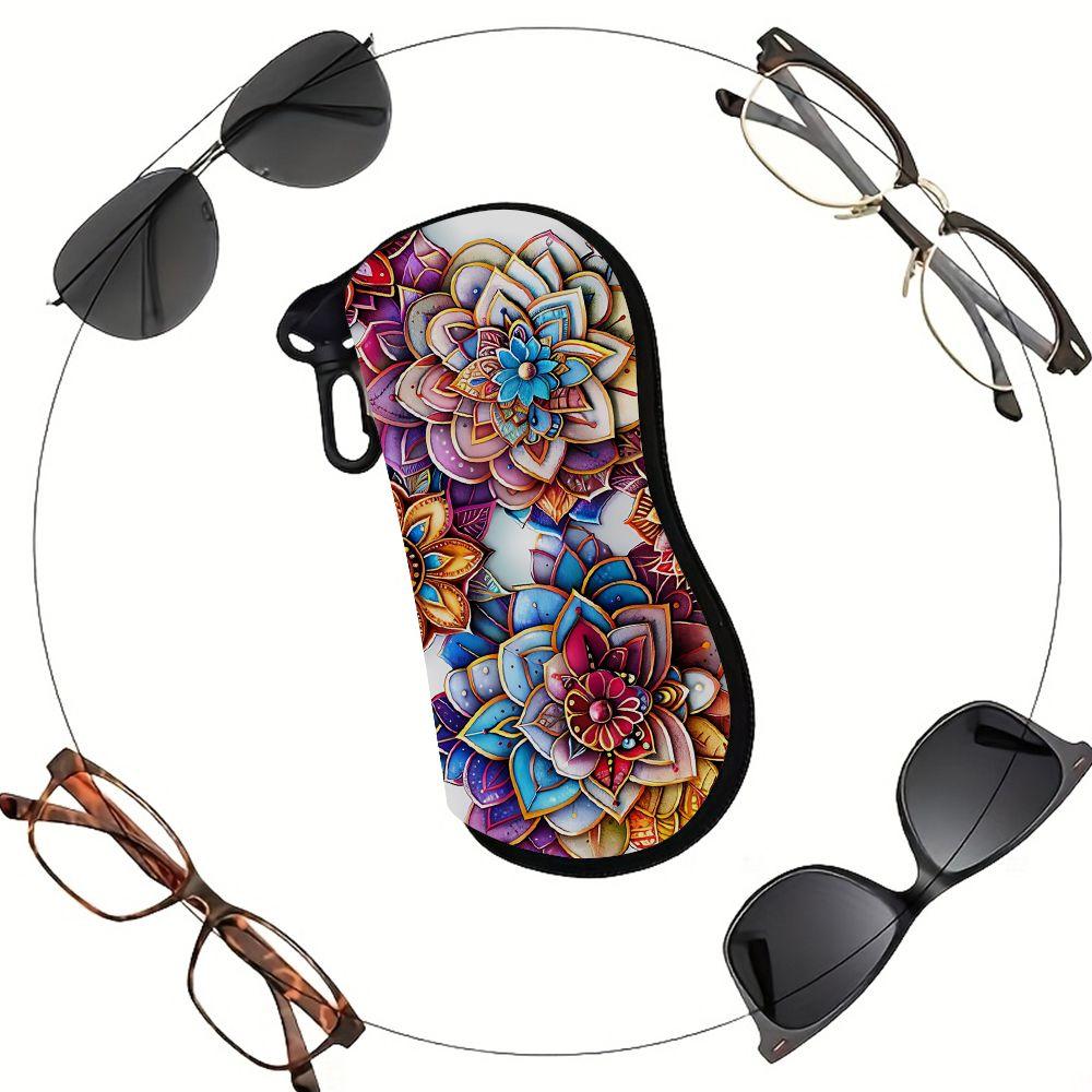 2D-Boho Floral Print Protective Sunglasses Case, Colorful Mandala Pattern Eyeglasses Storage Pouch, Zipper Travel Eyewear Organizer for Women Gift