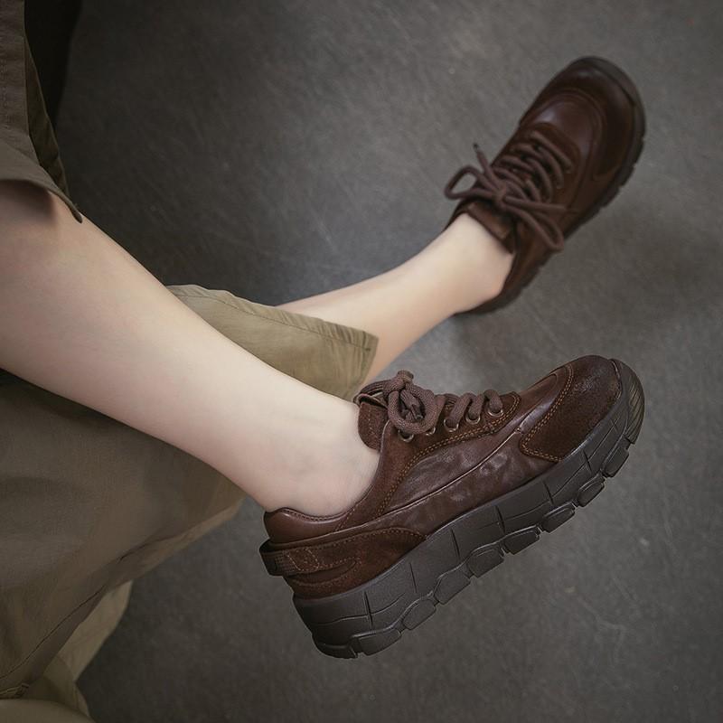 Johnature Genuine Leather Retro Thick Soled Shoes With Lace Up Commuting Versatile Women's Shoes