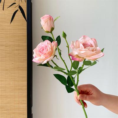 Flor Rosa Simulada de 3 Cabeças, Flor Seca, Flor Artificial, Buquê, Decoração para Sala de Estar, Adereços para Fotos