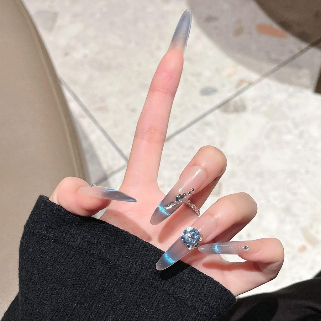 Dark Blue Cat Eye Wearable Nails - Long, Thin, Removable Fake Nail Stickers, Finished Handmade Design (2026 Edition)
