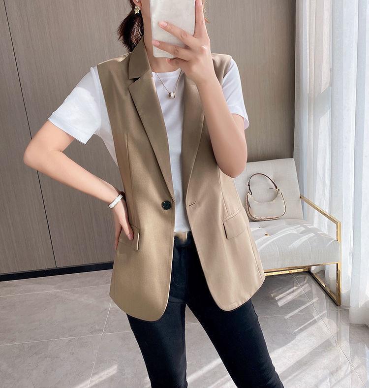 Elegante Fashionável Minimalista Estiloso Roupa Exterior Feminina Tendência Estilo Coreano Blazer Conjunto Colete Fibra de Poliéster