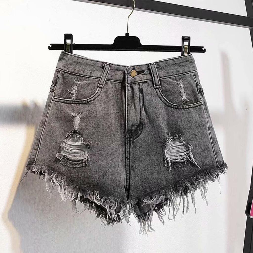 Large Size Denim Edge Shorts Women Summer High Waisted Loose Hole Breaking Super Shorts