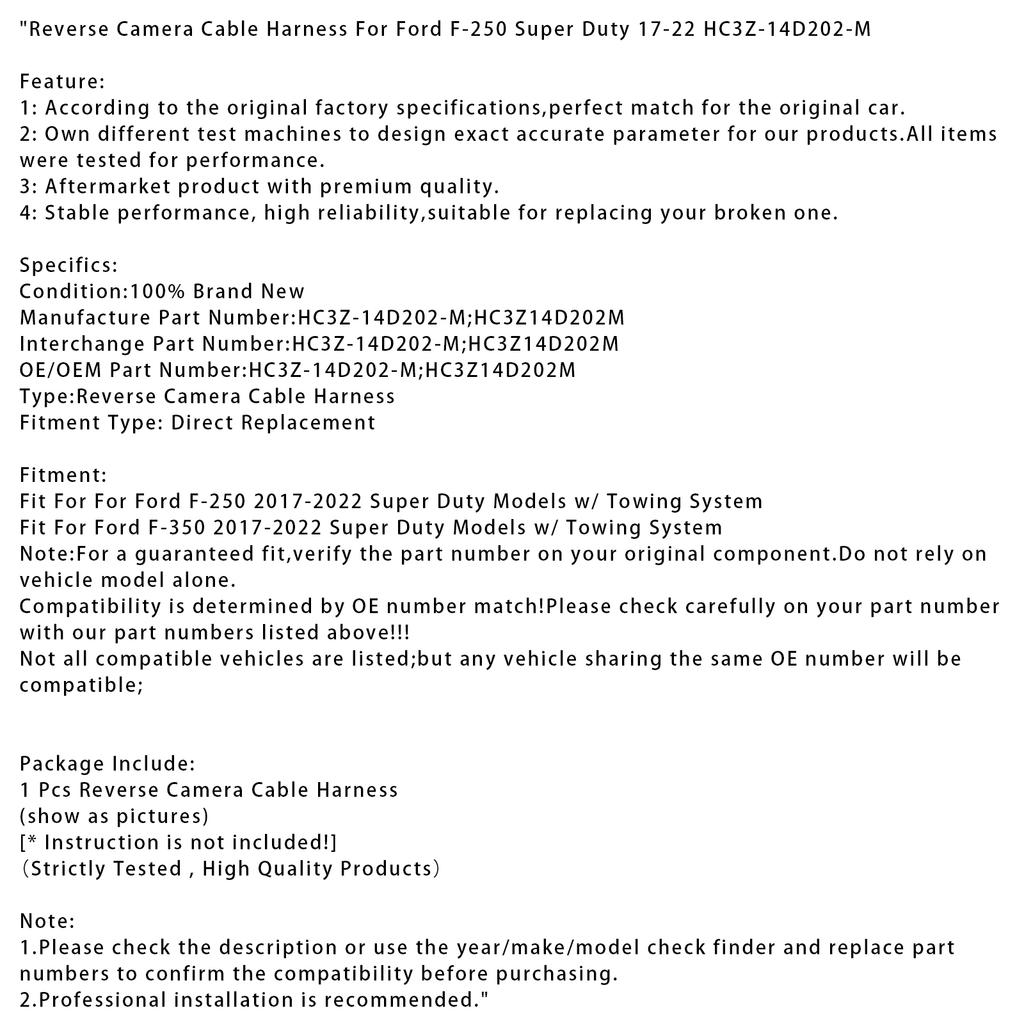 Reverse Camera Cable Harness For Ford F-250 Super Duty 17-22 HC3Z-14D202-M