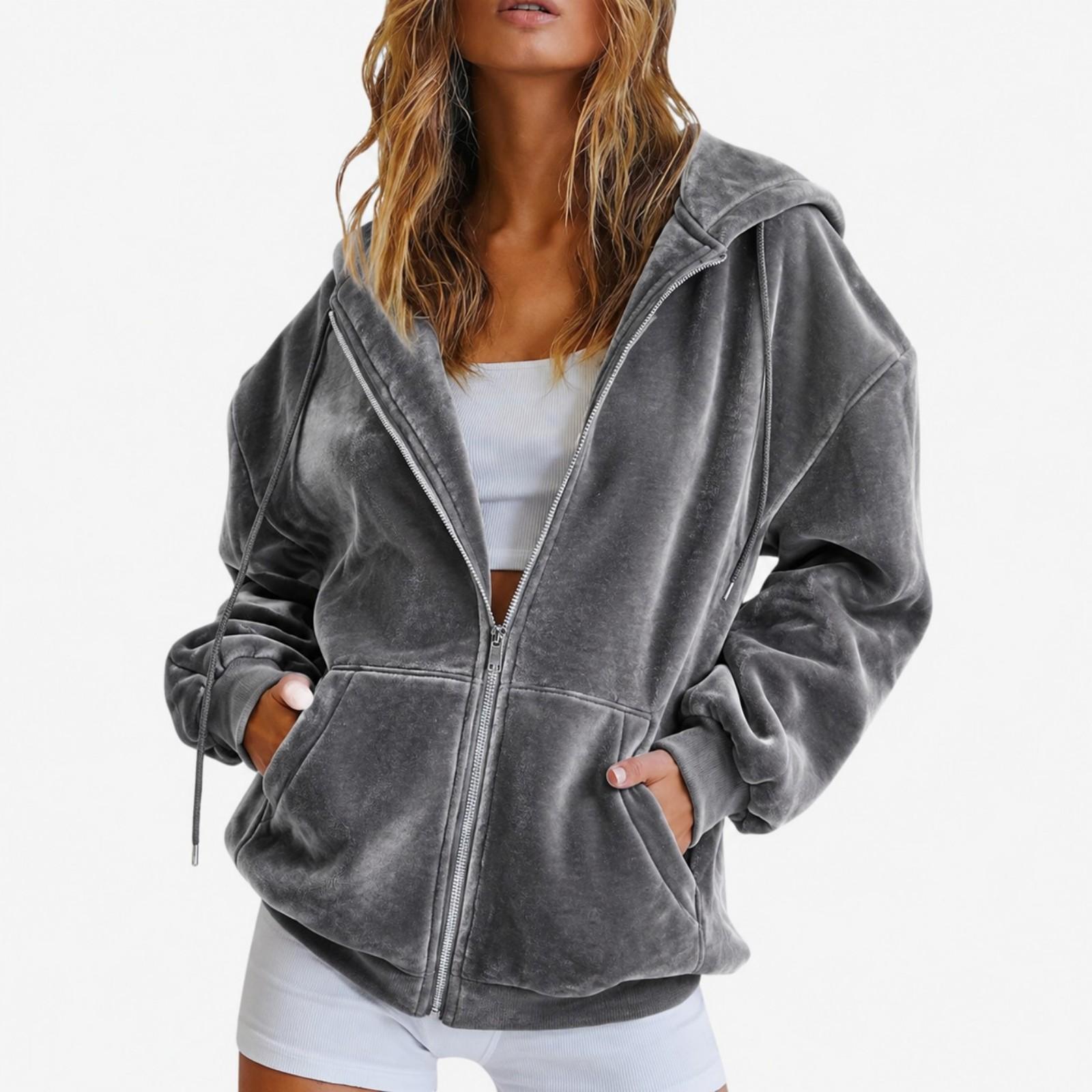Damen Kapuzenjacke mit Reißverschluss Lässiger Schnitt Entspannte Passform Kordelzug Kapuze Weiches Samt Außenbekleidung für den täglichen Gebrauch XL gray