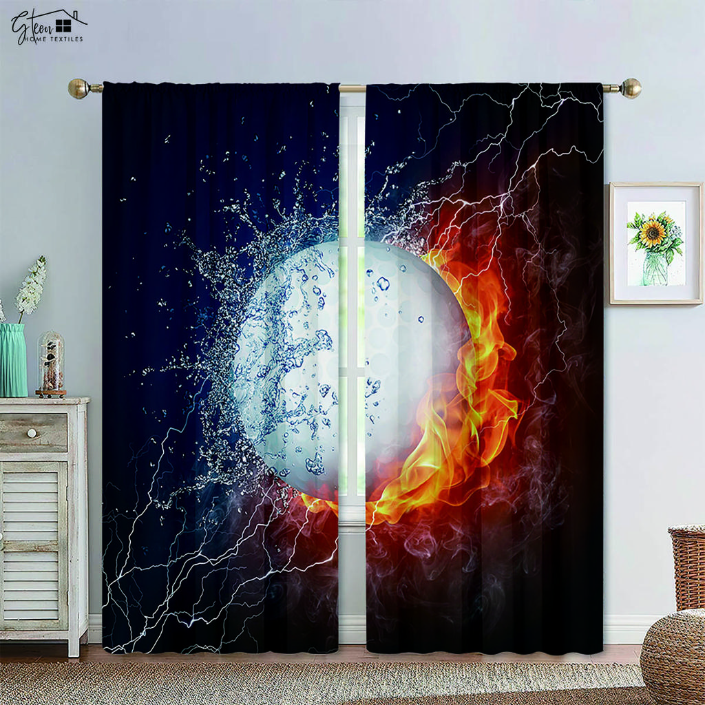 Basketball Football In Water and Fire Black Print Curtain Rod Pocket Machine Washable Bedroom Living Room Decorative Curtains